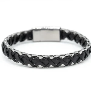 Bracciale acciaio e pelle intrecciata