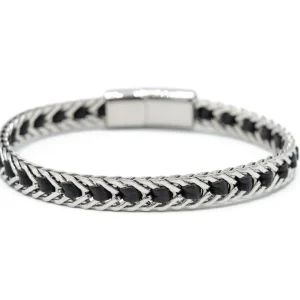 Bracciale treccia acciaio con pelle